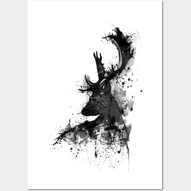 Black and White Deer Head Watercolor Silhouette Wall Art by Marian Voicu